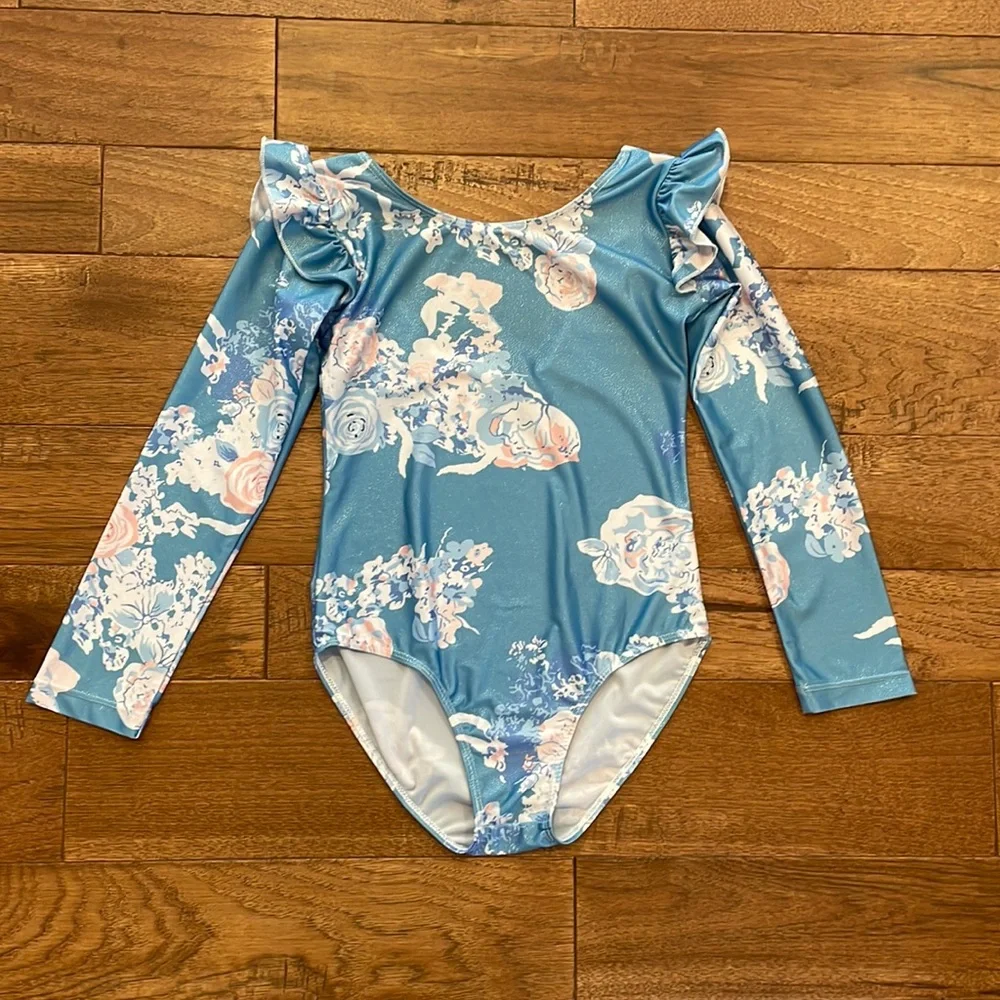 Girls Long-Sleeve Shabby Chic Blue Gymnastics Leotard Dance Leotard - Size 150